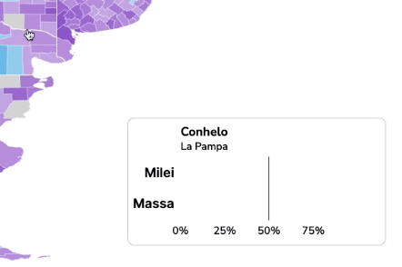 A gif showing map of Argentina with the 2023 presidential election results by disctrict as the mouse hovers over.