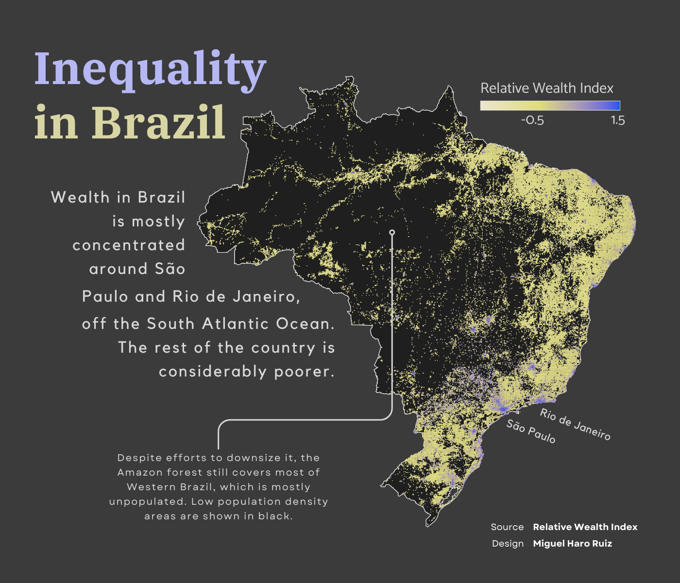 A map of brazil showing how wealth is concentraded in a few coastal cities in the east, wheareas the west is mostly unpopulated due to the amazon.